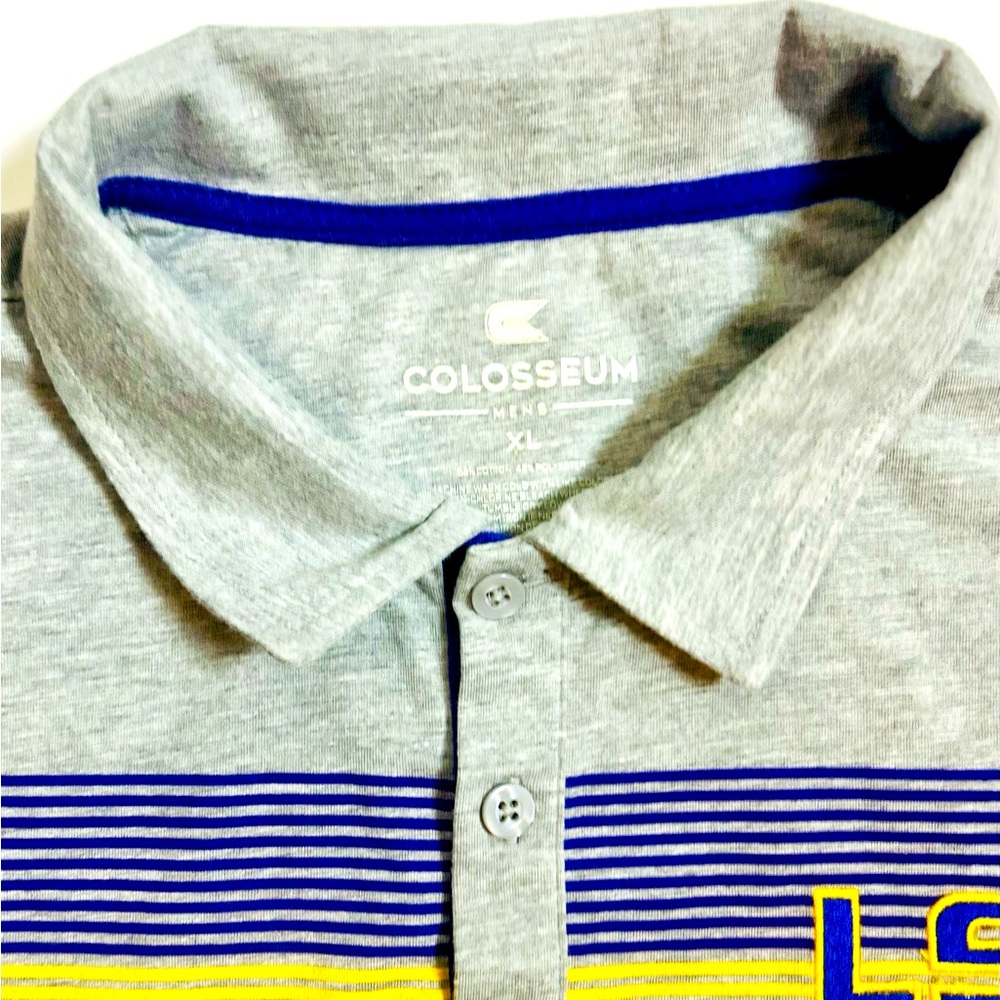 COLOSSEUM LSU GREY W/PURPLE YELLOW & WHITE STRIPS SHORT SLEEVE POLO MENS XL - Picture 5 of 5